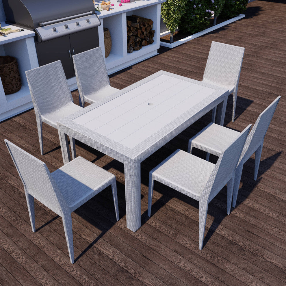 LeisureMod Mace Mid-Century 7-Piece Rectangular Outdoor Dining Set, White