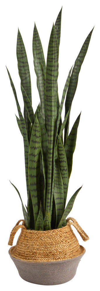 P1762 46 Sansevieria Artificial Plant in Boho Chic Handmade Gray Woven Planter