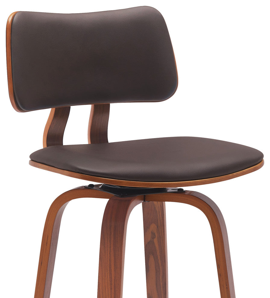 Pico 26" Swivel Walnut Wood Counter Stool, Brown Faux Leather With Chrome, 30