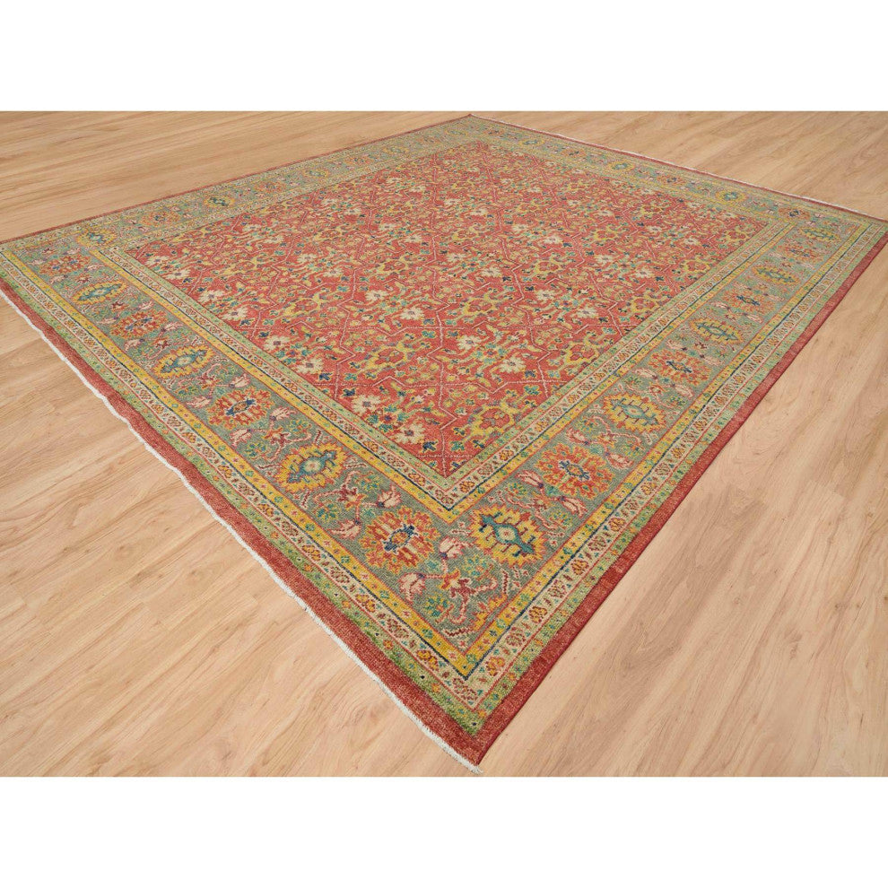 Red 100% Wool Hand Knotted Antiqued Oushak Design Oversized Rug 14'x16'5"