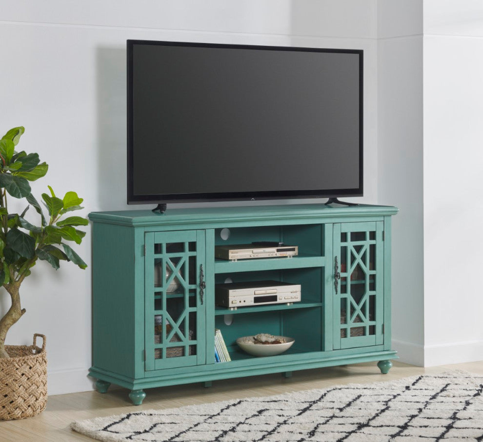 Elegant 2 Door TV Stand, Antique Teal