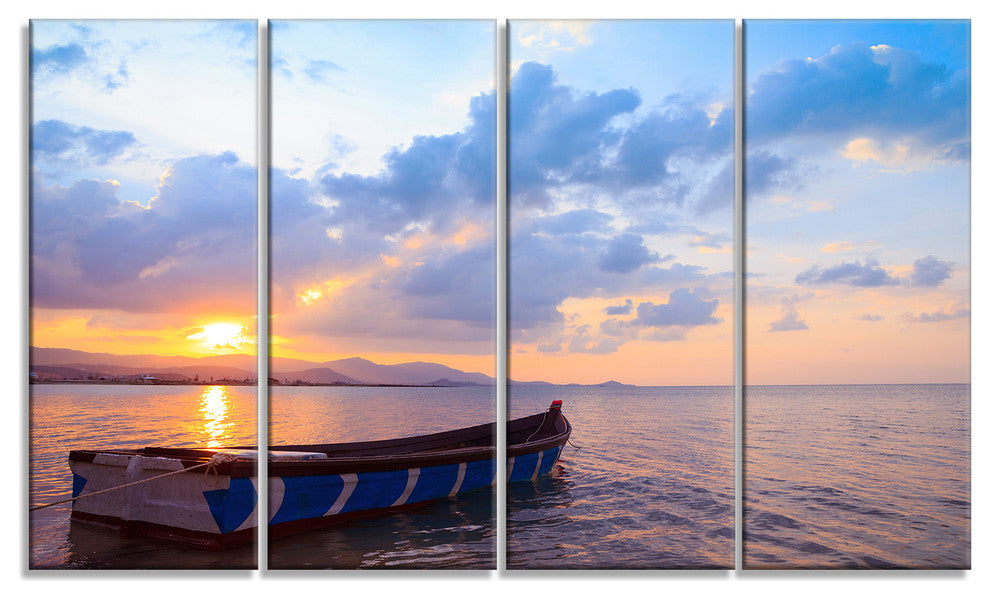 "Small Fishermen Boat At Sunset" Modern Seashore Canvas Art, 4 Panels, 48"x28"
