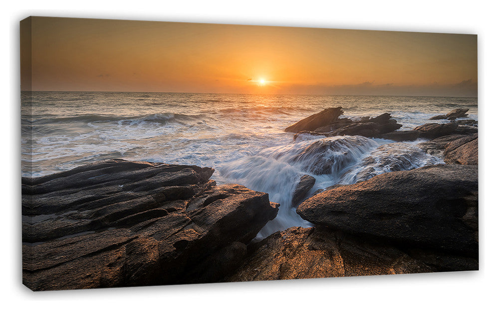 Sunset over Rocky Seashore, Beach Photo Canvas Print, 32"x16"