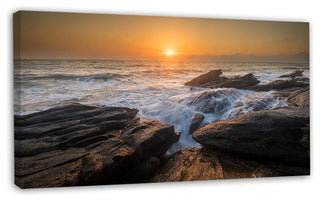 Sunset over Rocky Seashore, Beach Photo Canvas Print, 32"x16"