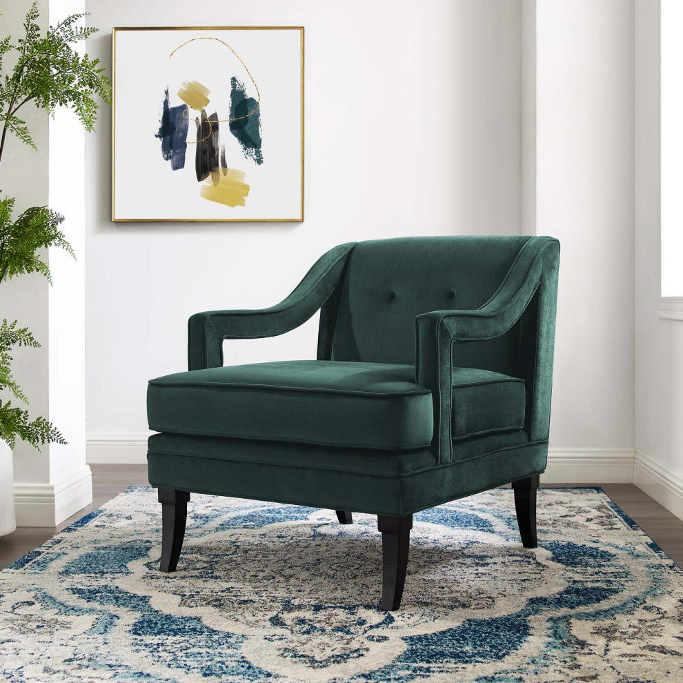 Armchair Accent Tufted Chair, Green, Velvet, Modern, Mid Century Hotel Lounge