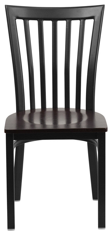 Black School House Back Metal Restaurant Chair, Walnut Wood Seat