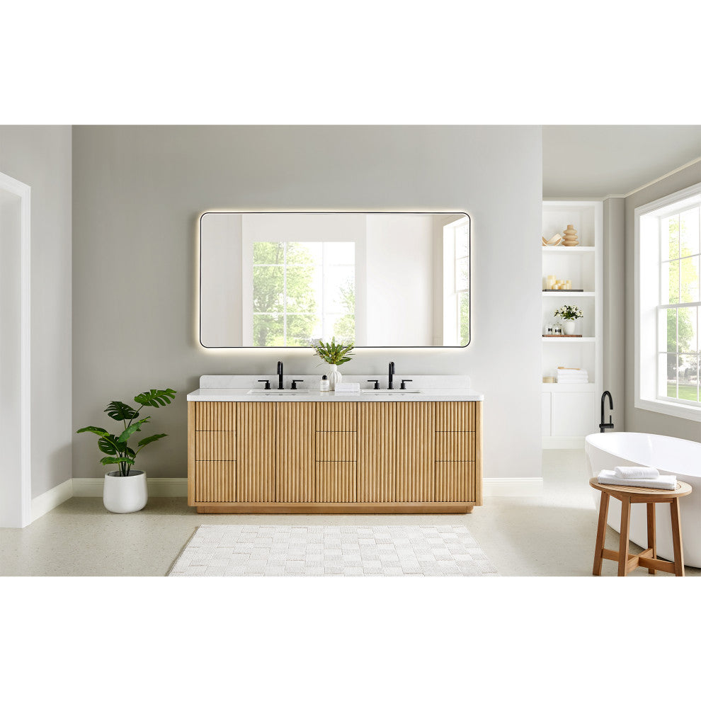 Clayton Bathroom Vanity, Washed Light Brown, 84", No Mirror