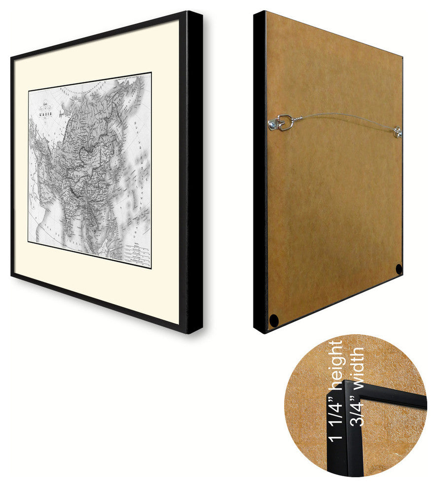 Asia Vintage Map Print On Canvas With Black Custom Frame, 16" X 21"