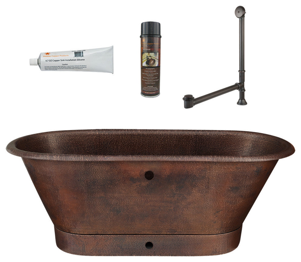 72" Hammered Copper Modern Style Bathtub, Overflow Holes & Drain Package