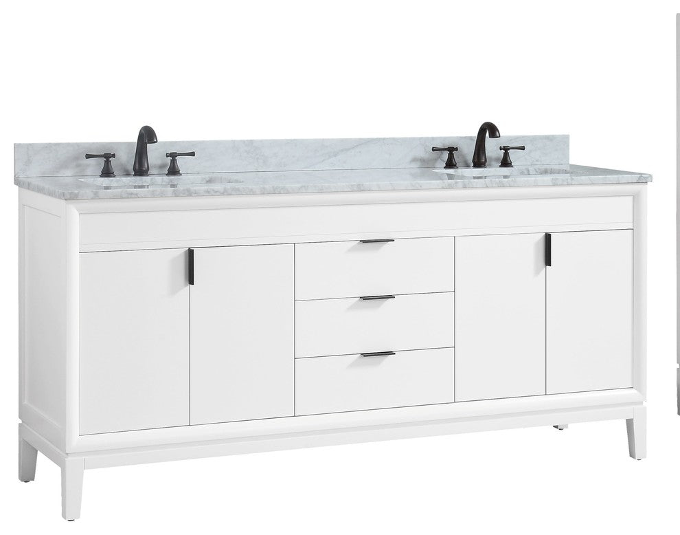 Avanity Emma 73" Vanity Combo, White, Carrara White Marble Top