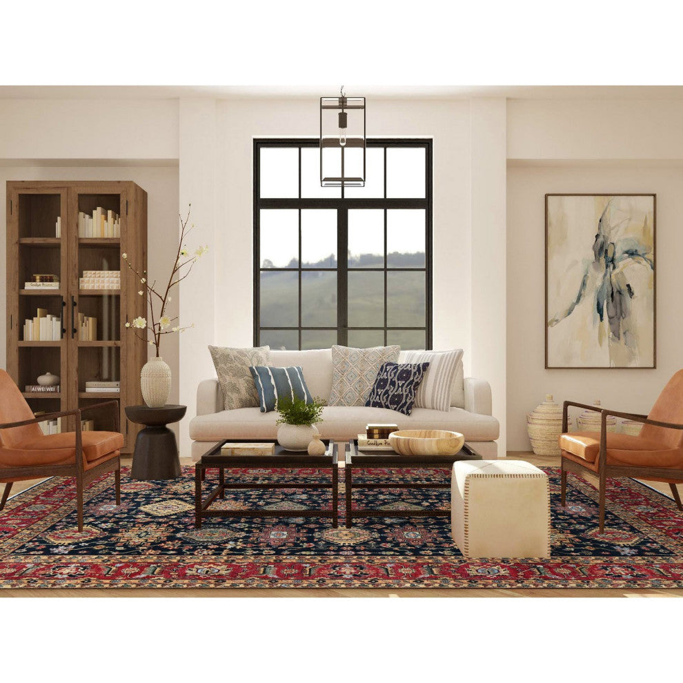 Carbon Black Wool Karajeh With All Over Pattern Hand Knotted Rug, 9'x11'11"