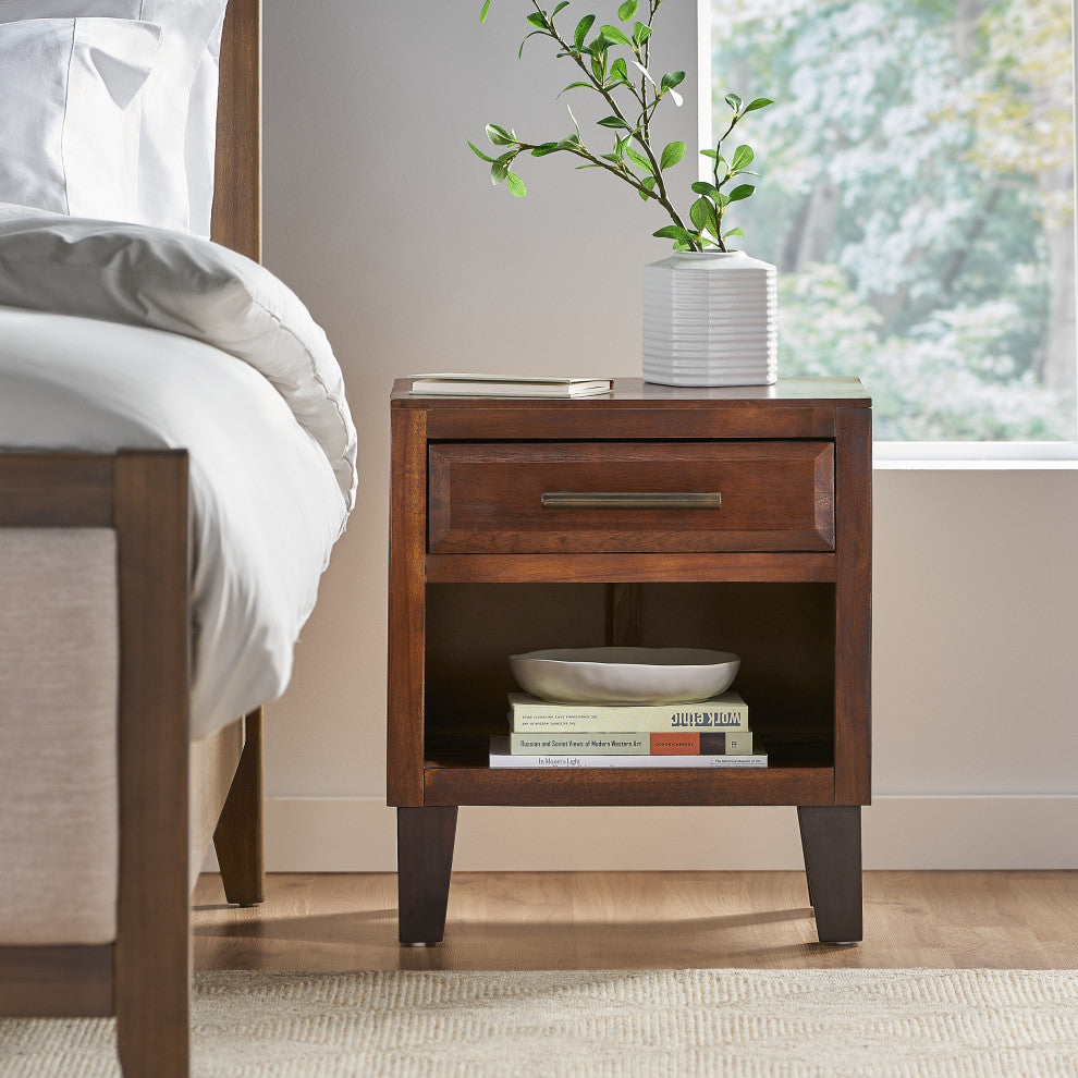 GDF Studio Glendora Brown Mahogany Solid Wood Single Drawer End Table Nightstand