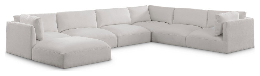 Ease Polyester Upholstered U-Shaped Modular Sectional, Cream, 6 Piece: 3 Corner, 3 Armless, 1 Ottoman