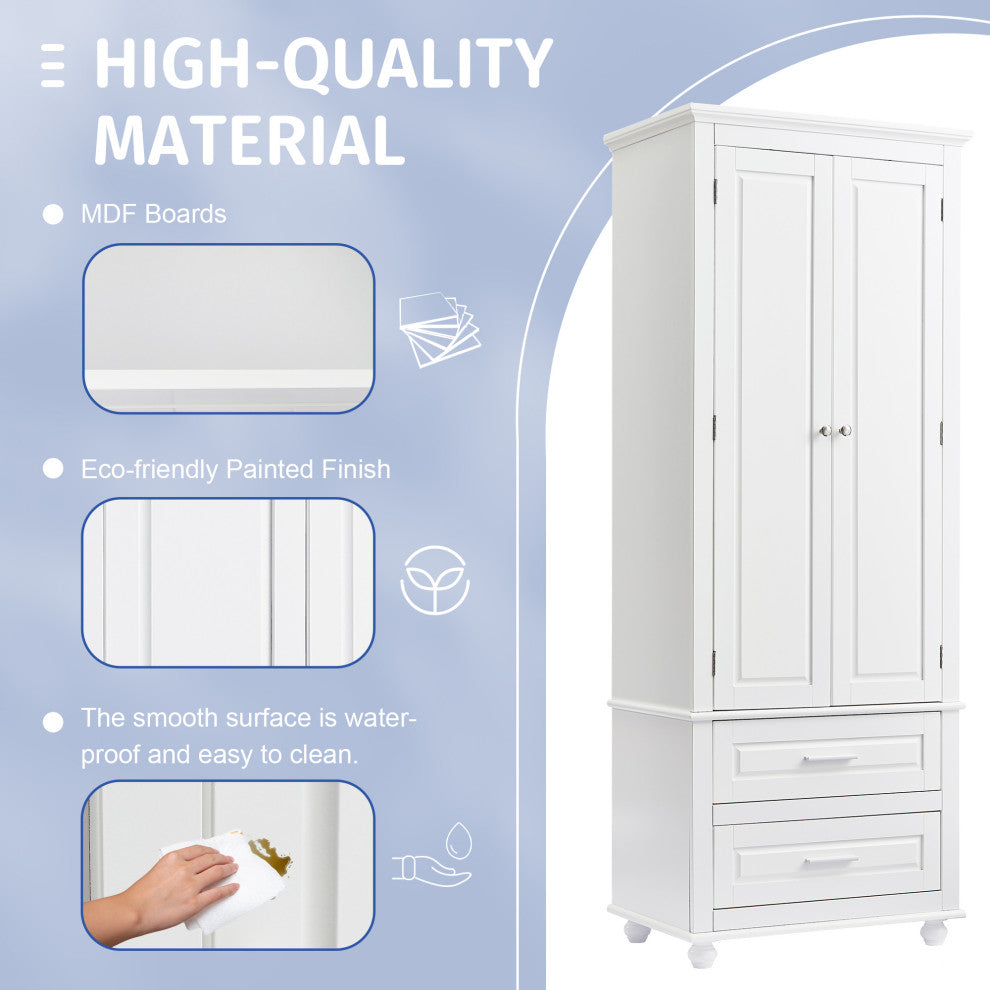63" Tall Wood 2-door Bath Cabinet, White, Adjustable Shelf