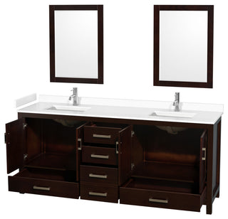 Sheffield 80" Espresso Double Vanity, White Cultured Marble Top, 24" Mirrors