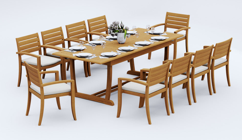 11-Pc Outdoor Teak Dining Set: 94" Masc Rectangle Table, 10 Trav Stacking Chairs