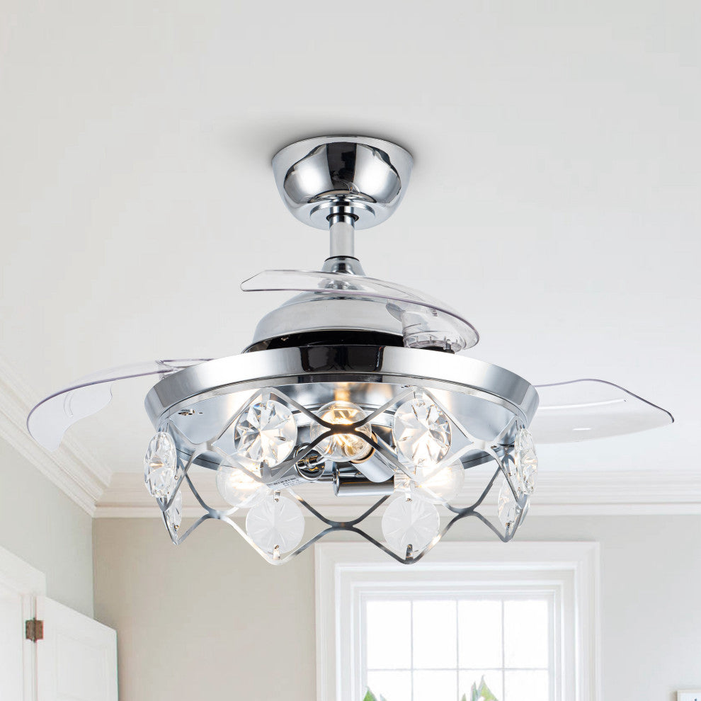36 in Chrome Crystal Shade Ceiling Fan with Remote, Three Retractable Blades
