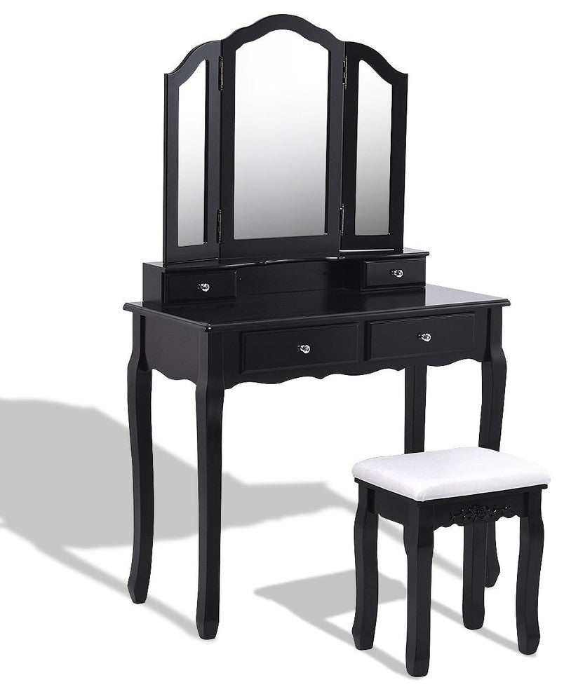 Compact Style Tri-Folding Mirror Vanity Table Stool Set With 4 Drawers, Black