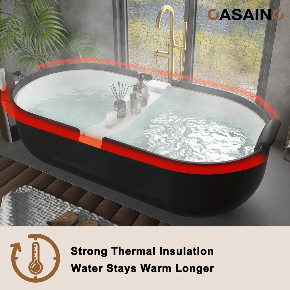67in White Solid Surface Freestanding Soaking Bathtub with Drain, 71in