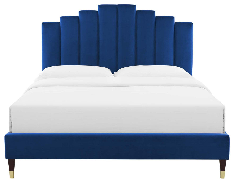 Platform Bed Frame, Queen Size, Velvet, Blue Navy, Modern Contemporary, Bedroom