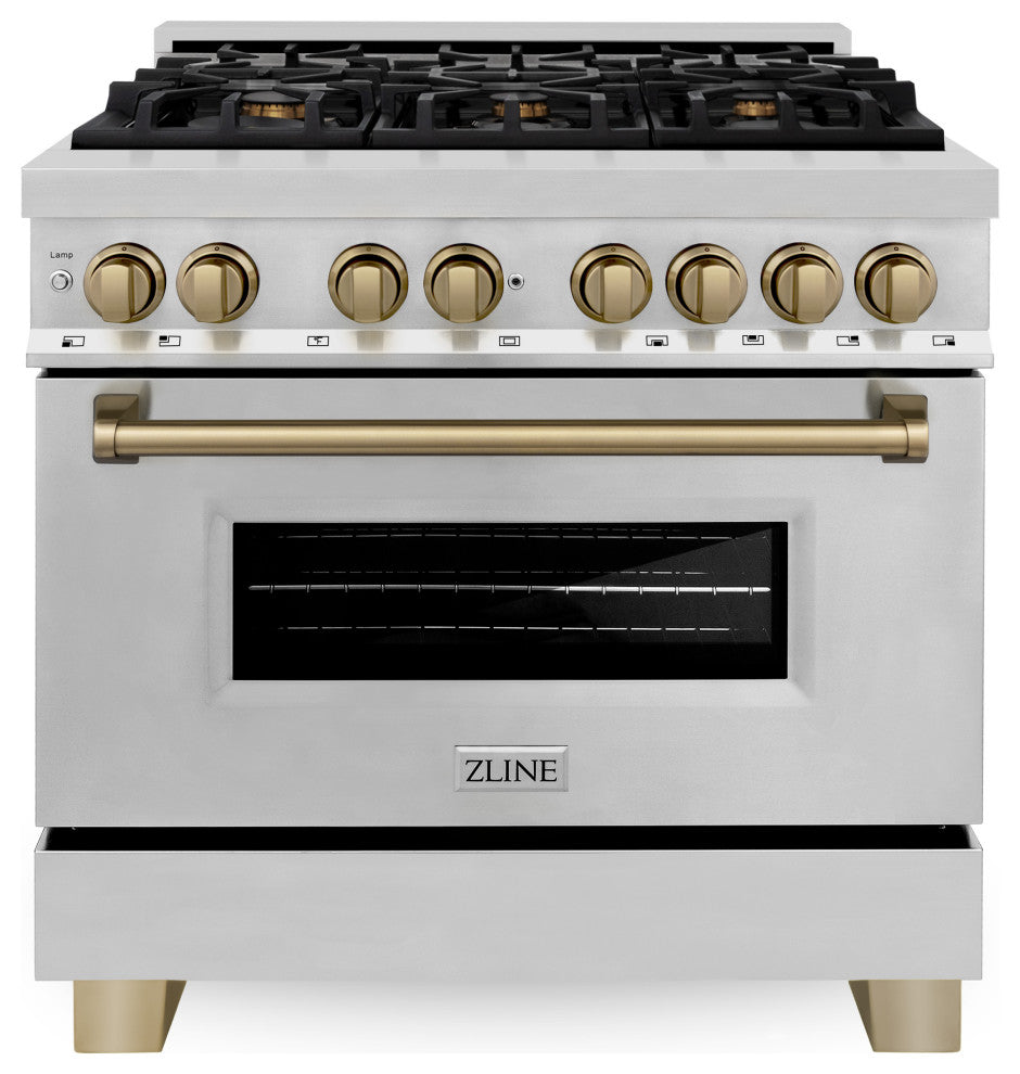 ZLINE 36" Dual Fuel Range, Stainless Steel With Champagne Bronze RAZ-36-CB