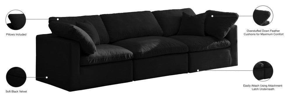 Plush Velvet / Down Standard Comfort Modular Sofa, Black, 3-Piece: 1 Armless Chair, 2 Corner Chair