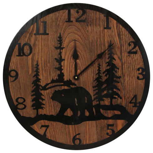 Black Iron and Stained Wood Round Bear Scene Wall Clock