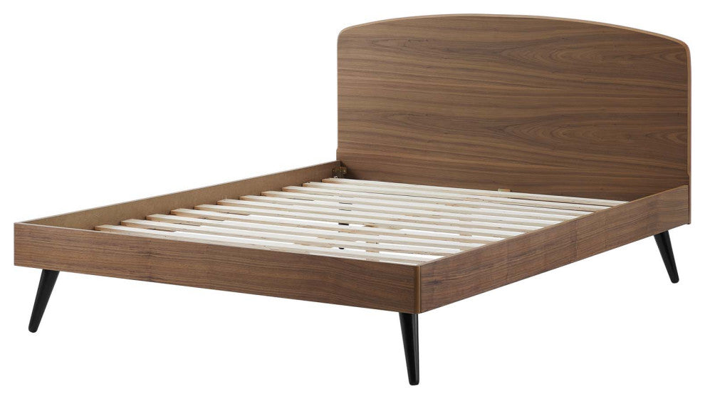 Platform Bed Frame, King Size, Wood, Brown Walnut, Modern Mid-Century, Bedroom