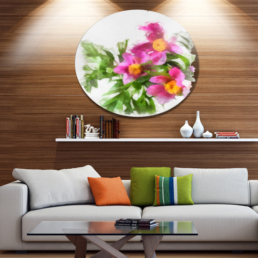 Watercolor Pink Woody Peonies, Floral Large Disc Metal Wall Art, 23"