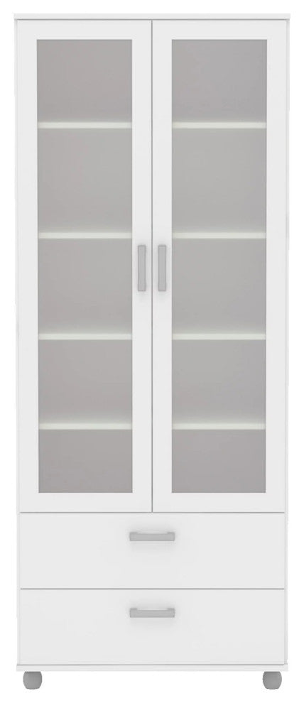 Modern Bookcase, 2 Lower Drawers & Glass Panel Doors With Inner Shelves, White