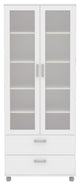 Modern Bookcase, 2 Lower Drawers & Glass Panel Doors With Inner Shelves, White