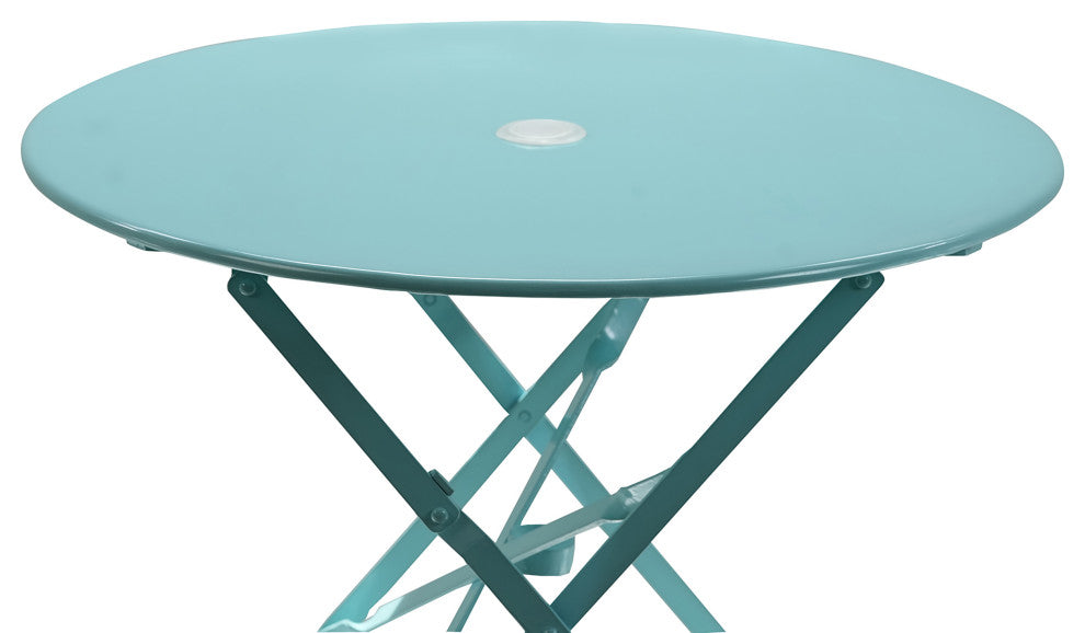 30" Round Folding Metal Bistro Table With Umbrella Hole, Teal