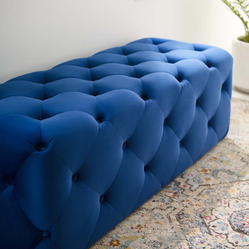 Tufted Accent Chair Bench, Velvet, Blue Navy, Modern, Living Lounge Hospitality
