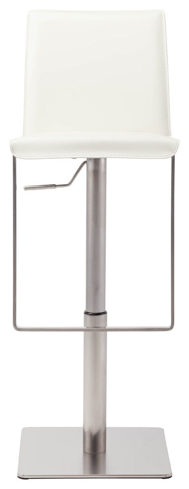 Kailee Adjustable Bar Stool, Brushed Stainless Steel, Leather, White