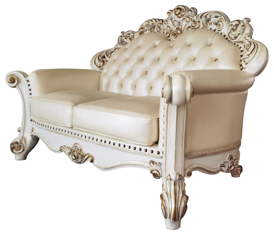 Vendome Loveseat With 3 Pillows, Champagne Synthetic Leather