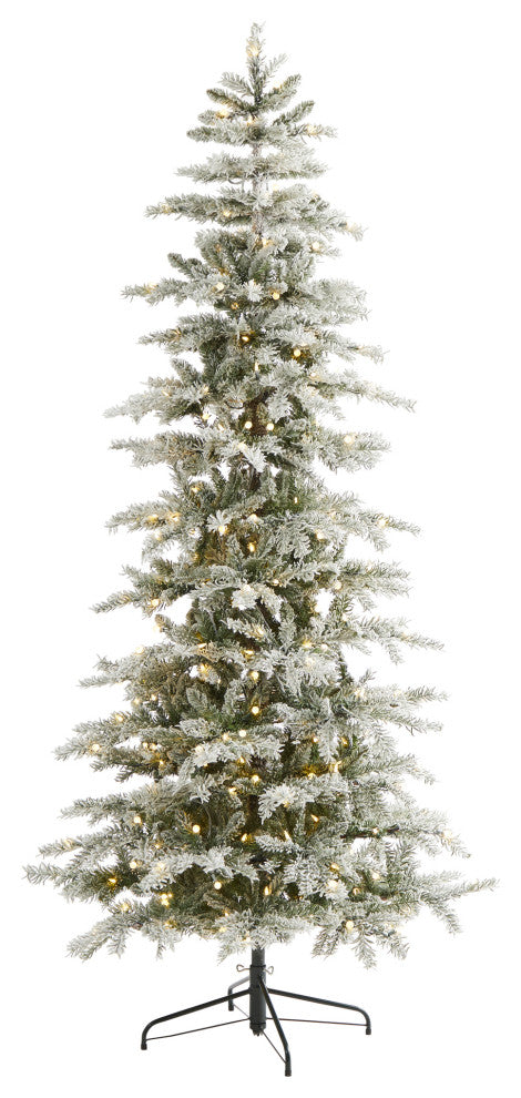 7.5' Slim Flocked Nova Scotia Spruce Faux Xmas Tree W/Lights & Bendable Branches