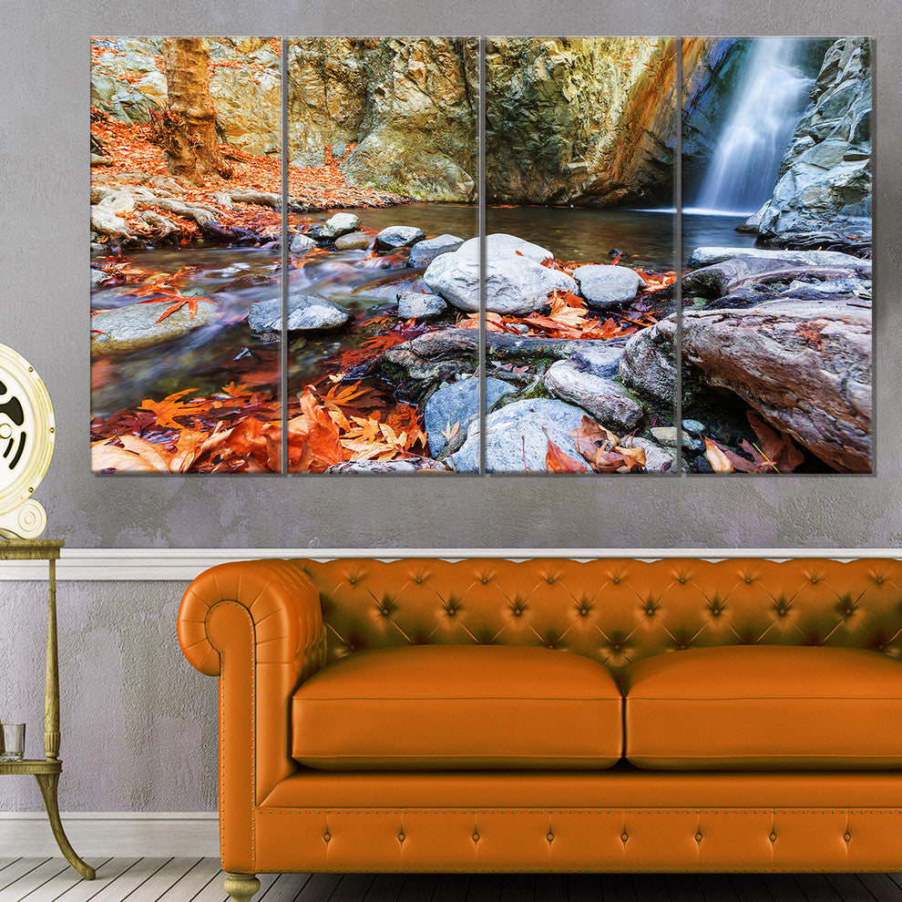 Beautiful Serenity Waterfall in Cyprus, Landscape Canvas Art, 48"x28", 4 Panels
