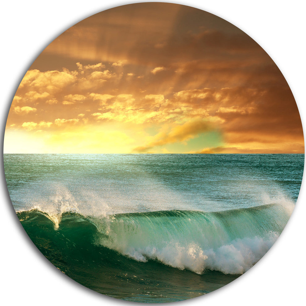 Stormy White Wave In Blue Sea, Modern Beach Round Wall Art, 23"