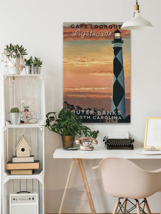 "Sunset at Lighthouse" Painting Print on Wrapped Canvas, 30x45