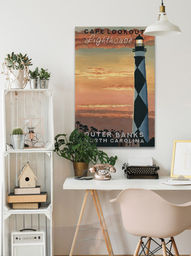 "Sunset at Lighthouse" Painting Print on Wrapped Canvas, 30x45