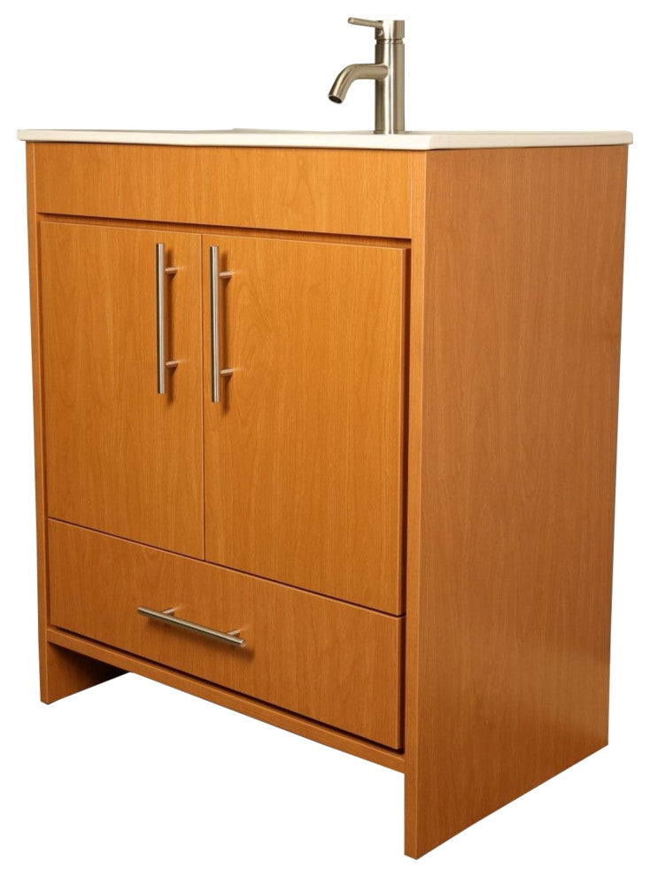 Pacific 30" Vanity With Integrated Ceramic Top and Brushed Nickel Handles, Honey