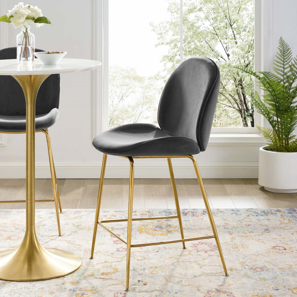 Velvet Counter Stool, Gold Luxe Glam Contemporary Modern Counter Stool, Grey