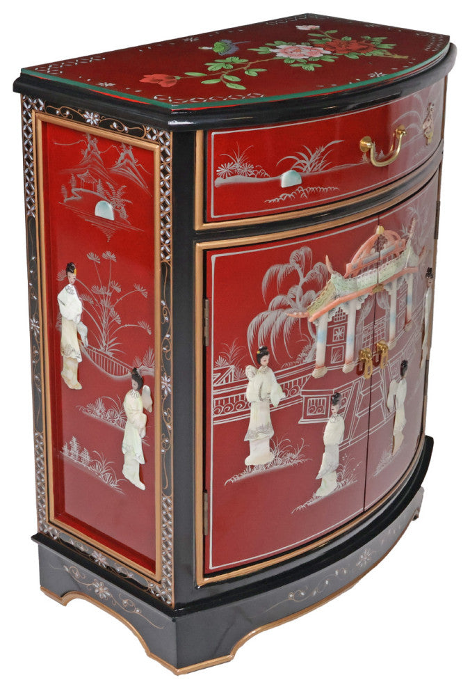 French Red Oriental Round Front Hall Cabinet