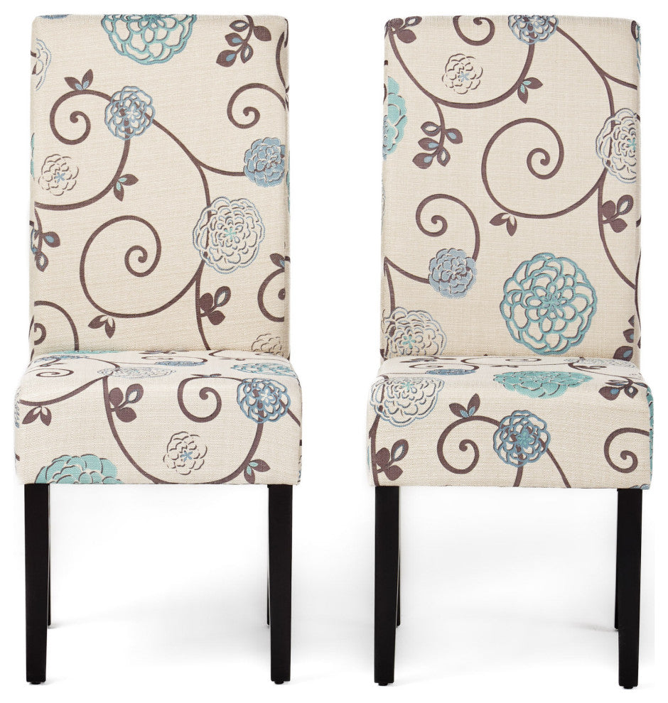 GDF Studio Percival White and Blue Floral Fabric Dining Chairs, Set of 2, White and Blue Floral, Fabric