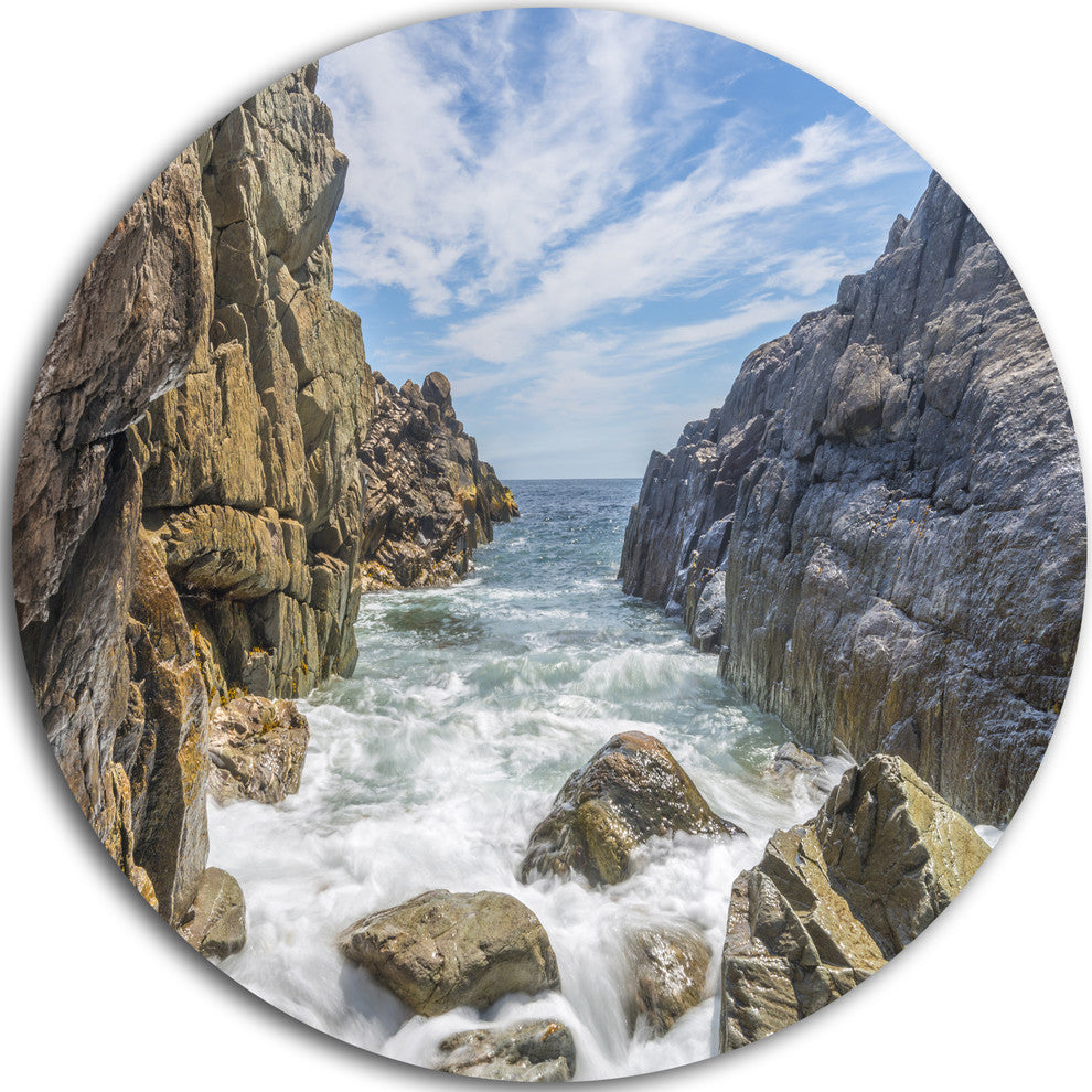 Sea Waves Hitting Rocky Shore, Seascape Round Metal Wall Art, 36"