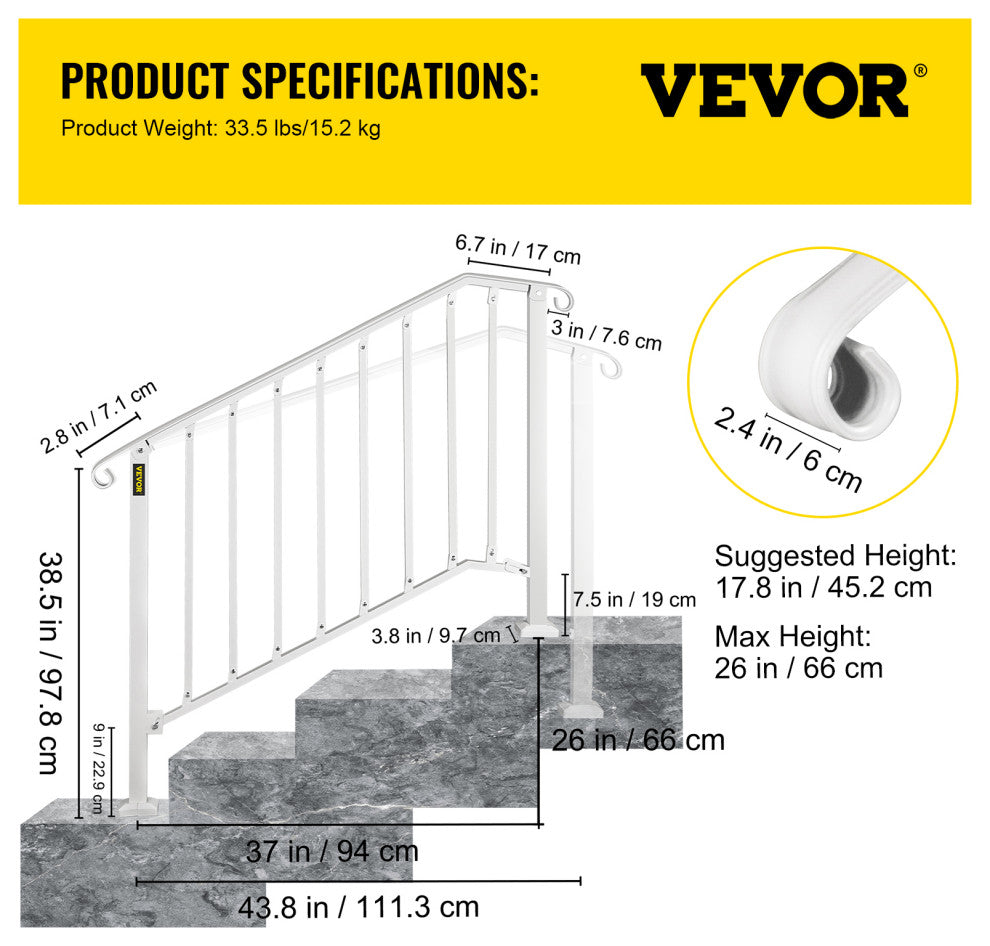 Wrought Iron Handrail Outdoor Stair Rail with Installation Kit, White, Fit 3-4 Steps