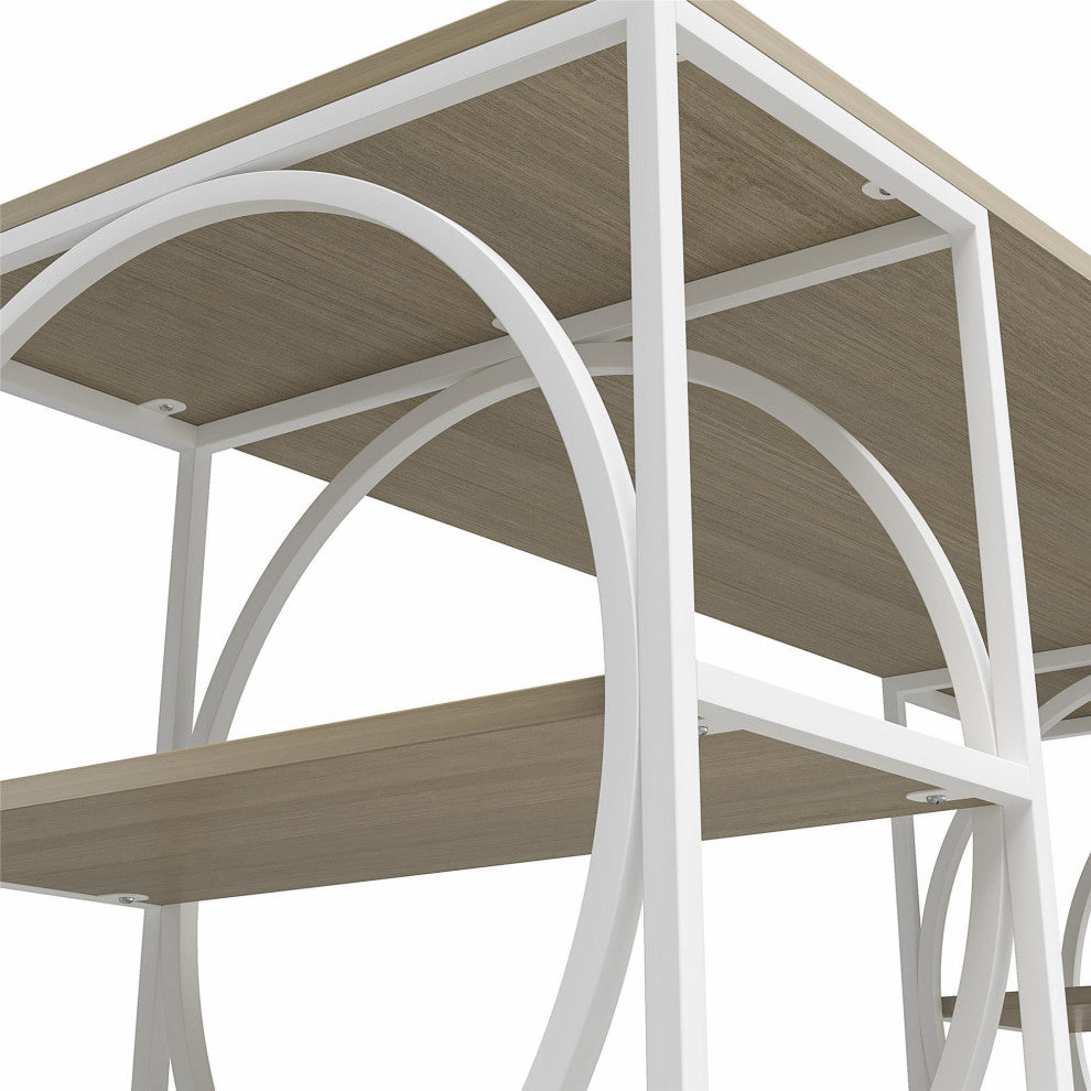 Unique Desk, Double Pedestal Base With Circle Accents & Shelves, Woodgrain/White