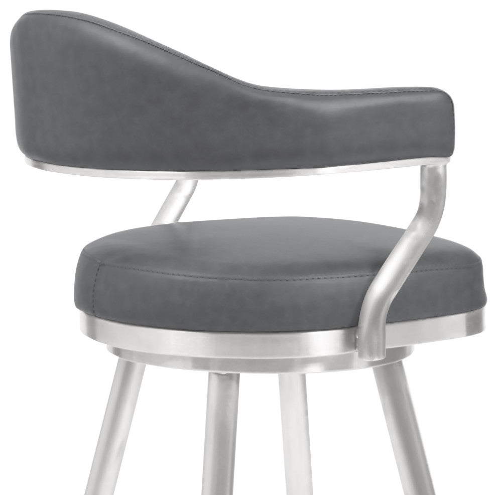 Benzara BM272498 30" Vegan Faux Leather Metal Bar Stool, Gray and Silver