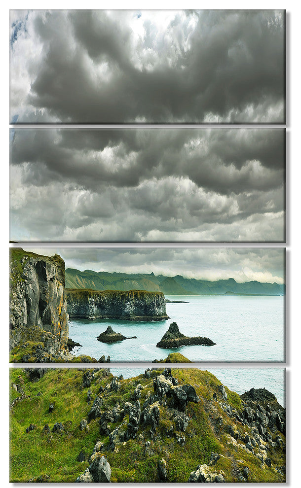 Icelandic Coast under Dark Clouds, Seashore Canvas Print, 28"x48", 4 Panels