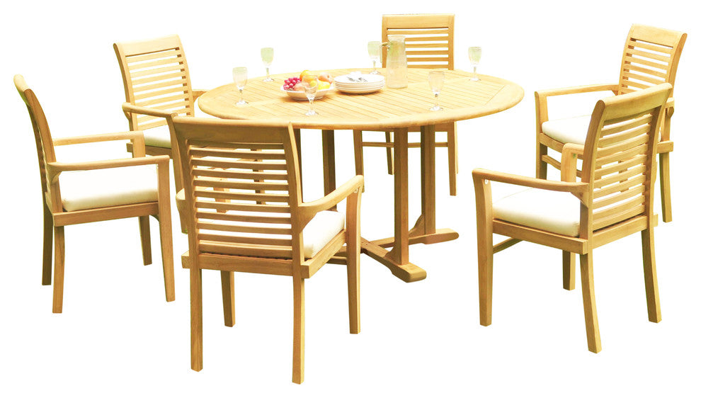 7-Piece Outdoor Teak Dining Set: 60" Round Table, 6 Mas Stacking Arm Chairs